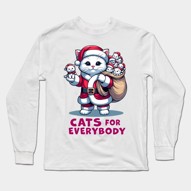 Cats For Everybody, Cat Santa Carries Cute Gift Kittens for everybody for Christmas, funny graphic tshirt for Cat Lovers Long Sleeve T-Shirt by Cat In Orbit ®